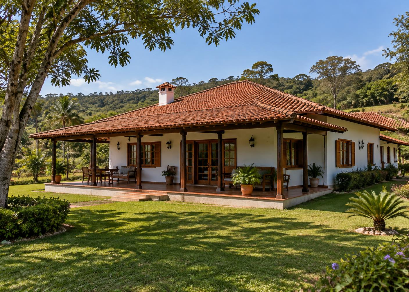 Casa de campo com telhado cerâmico e varanda