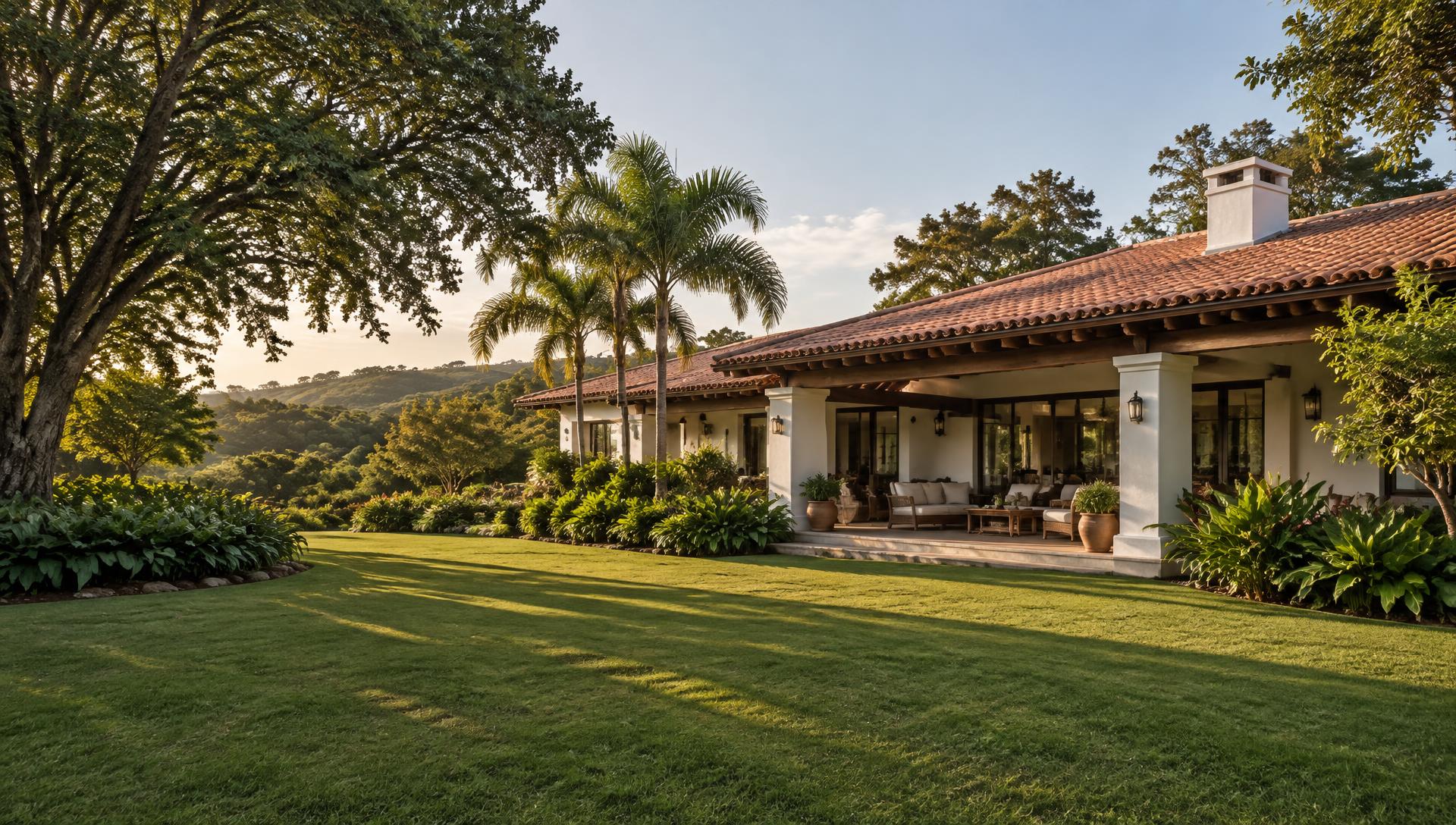 Casa com telhado de telhas cerâmicas e varanda em meio ao jardim