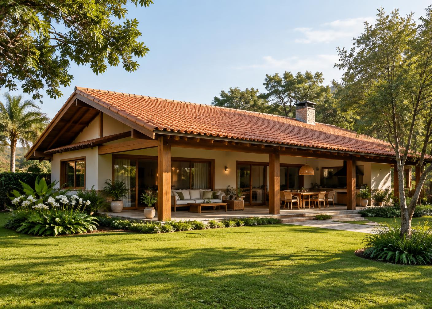 Residência arborizada com telhado cerâmico e varanda de madeira aparente