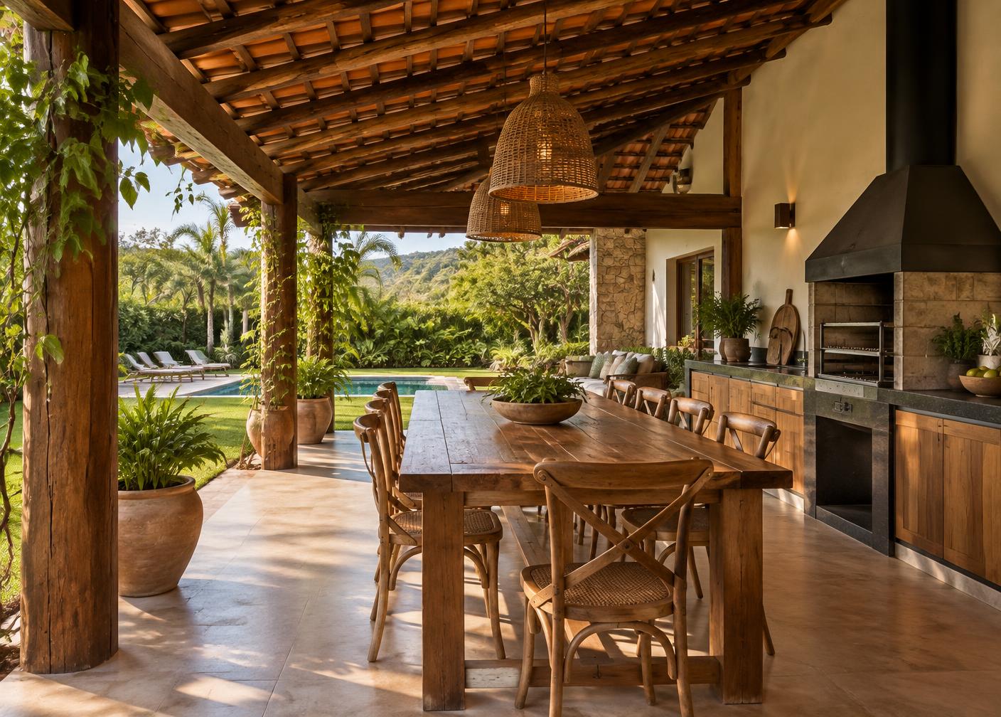 Varanda e área gourmet com cobertura de madeira aparente